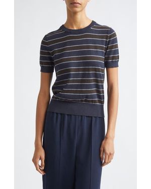 Vince Stripe Short Sleeve Cotton & Cashmere Sweater T-Shirt - Blue