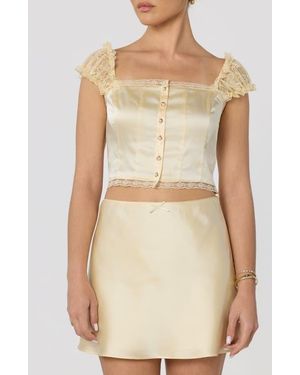 Astr Elliana Lace Trim Satin Button-Up Crop Top - Natural
