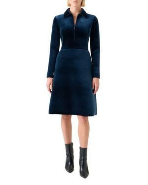 Akris Long Sleeve Velvet Neoprene A-Line Shirtdress - Blue