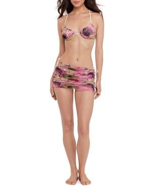 Steve Madden Ruched Sheer Mesh Cover-Up Miniskirt - Red