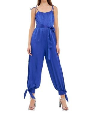 Endless Rose Tie Detail Slit Leg Satin Jumpsuit - Blue