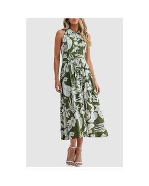 Mila + Mate Belted Sleeveless Cotton Midi Dress - Green