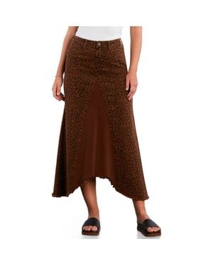 Wash Lab Denim Leopard Print Pieced Denim Midi Skirt - Brown