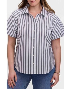 Foxcroft Paula Stripe Puff Sleeve Cotton Blend Button-Up Shirt - Blue