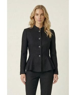 Modenaire Textured Round Neck Peplum Blazer - Black