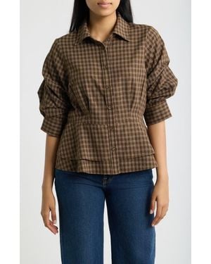Wit & Wisdom Plaid Ruched Sleeve Peplum Shirt - Black