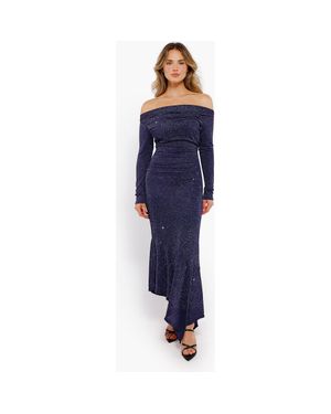 Popilush Shapewear Metallic Knit Long Sleeve Slim Mermaid Maxi Dress - Blue