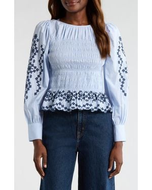 Rails Tabi Embroidered Smocked Cotton Top - Blue