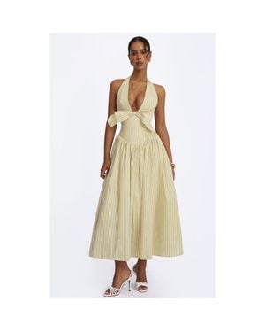 Miss Circle Talise Cotton Poplin Stripe Plunging Halter Maxi Dress - Natural