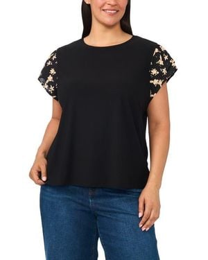 Cece Eyelet Tiered Ruffle Sleeve Stretch Crepe Top - Black