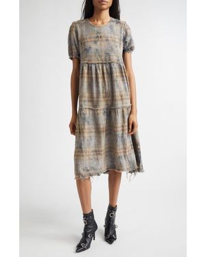 R13 Plaid Shredded Relaxed Cotton Flannel Midi Dress - Natural