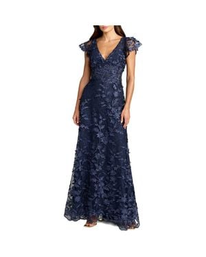 Mac Duggal Embroidered Applique Wrap Over Flutter Sleeve Gown - Blue