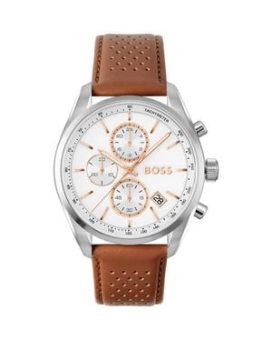 BOSS Grand Prix Chronograph Leather Strap Watch, 44Mm - White