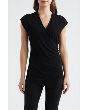Anne Klein Side Button Faux Wrap Top - Black