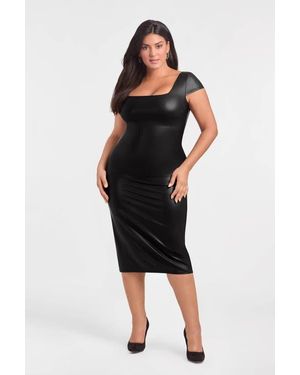 S3 Apparel Sculpting Square Neck Cap Sleeve Faux Leather Midi Dress - Black
