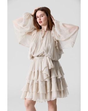 Le Fafo Silk Chiffon Tie Belt Short Dress - Natural