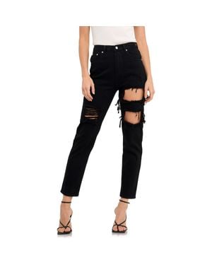 Grey Lab Cutout Ripped High Waist Slim Straight Leg Jeans - Black