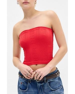 BDG Floral Knit Crop Bandeau Top - Red