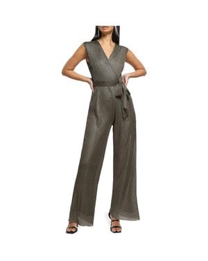 River Island Metallic Straight Leg Plissé Jumpsuit - Multicolor