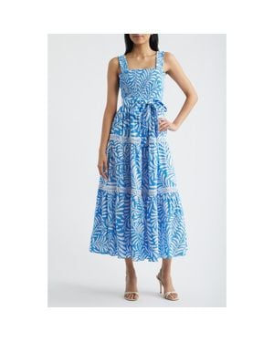 Anne Klein Floral Print Linen Blend Midi Dress - Blue
