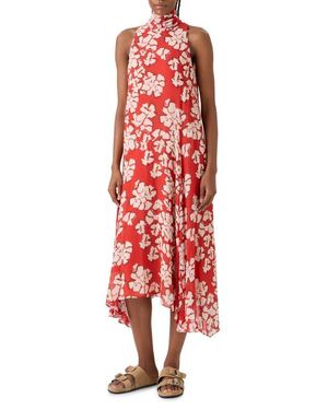 Akris Punto Papercut Floral Mock Neck High-Low Georgette Dress - Red