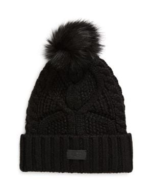 UGG Faux Fur Pompom Cable Knit Beanie - Black