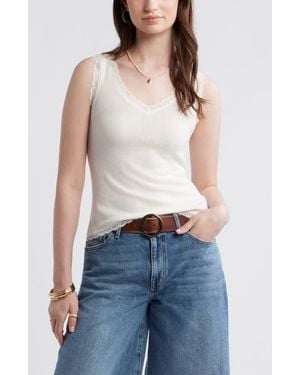 Treasure & Bond Pointelle Lace Trim Cotton Blend V-Neck Tank - Blue
