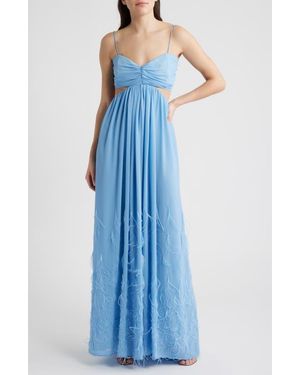 DELFI Collective Eli Cutout Feather Trim Gown - Blue