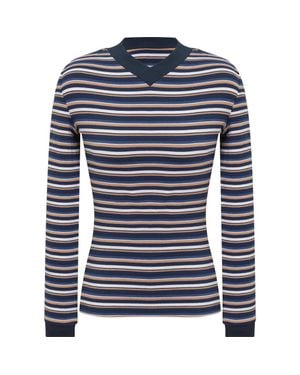 Be Positive Striped Overlap V-Neck Contrast Cuff Top - Blue