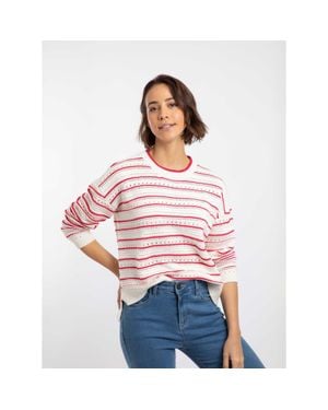 Weird Fish Liah Pointelle Striped Crew Neck Sweater - Red