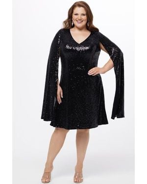 Celebrations by Sydneys Closet Sequin V-Neck Cape Sleeve Plus Size Party Dress - Black