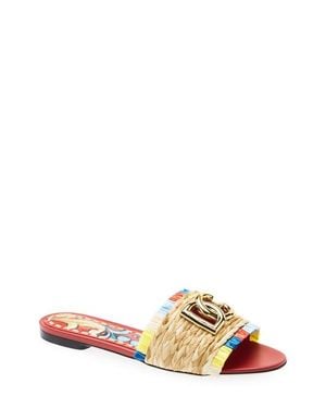 Dolce & Gabbana Bianca Raffia Fringe Slide Sandal - Multicolor