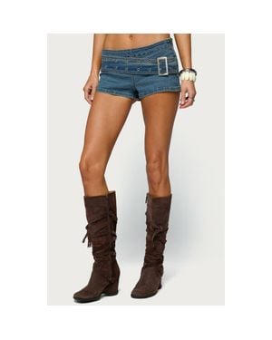 Edikted Asymmetric Belted Low Rise Denim Micro Shorts - Blue