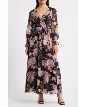 Anne Klein Metallic Floral Print Long Sleeve Faux Wrap Maxi Dress - Multicolor