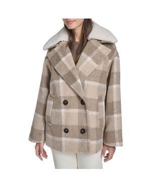 Levi's Plaid Short Peacoat With Removable Faux Shearling Collar - Brown
