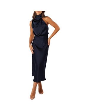 Petal & Pup Anabelle Mock Neck Satin Midi Dress - Blue