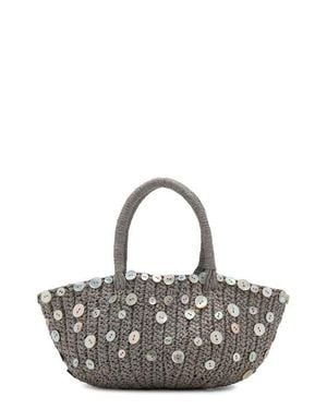 Mango Button Detail Natural Fiber Top Handle Bag - Gray