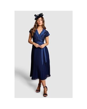Coast Lace Wrap Top Pleat Tux Midi Dress - Blue