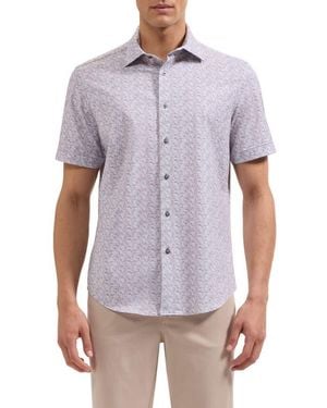 Bugatchi Miles Ooohcotton Leaf Print Short Sleeve Button-Up Shirt - Purple