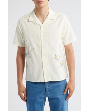 Percival Floral Embroidered Short Sleeve Cotton & Linen Button-Up Shirt - White