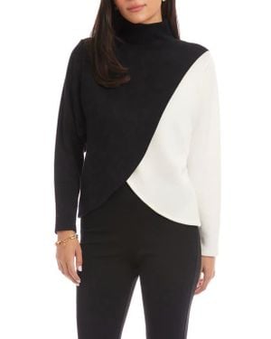 Karen Kane Colorblock Turtleneck Crossover Hem Knit Top - Black