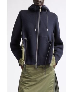 Sacai Mixed Media Scuba Knit & Nylon Twill Hoodie - Blue