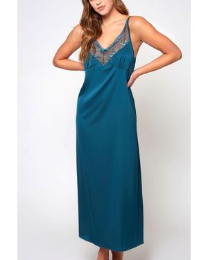 iCollection Satin Embroidered Mesh Long Nightgown - Blue