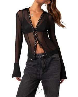 Edikted Lace-Up Sheer Mesh Top - Black