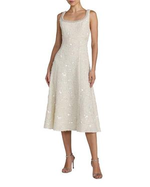 Mac Duggal Boucle Embellished Square Neck A Line Midi Dress - Natural