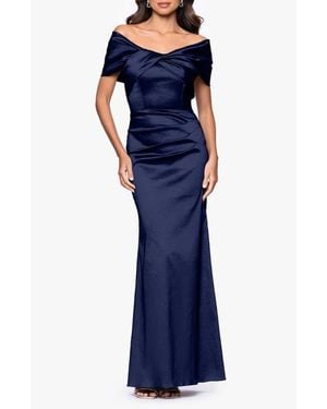 Betsy & Adam Ruched Taffeta Off The Shoulder Gown - Blue