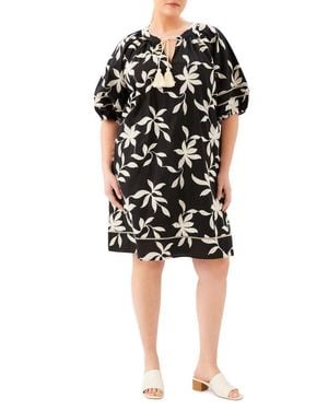 Karen Kane Floral Embroidered Puff Sleeve Cotton Shift Dress - Black
