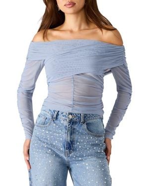 Steve Madden Viktoria Off-The-Shoulder Mesh Top - Blue