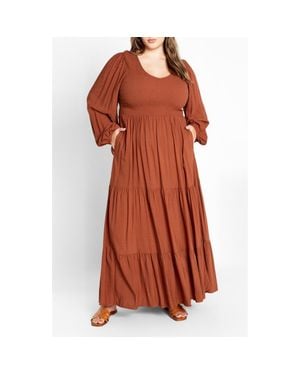 City Chic Leona Tiered Long Sleeve Maxi Dress - Brown