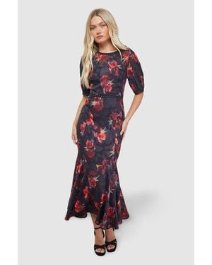 Oasis Stud Trim Puff Sleeve Midi Dress - Multicolor
